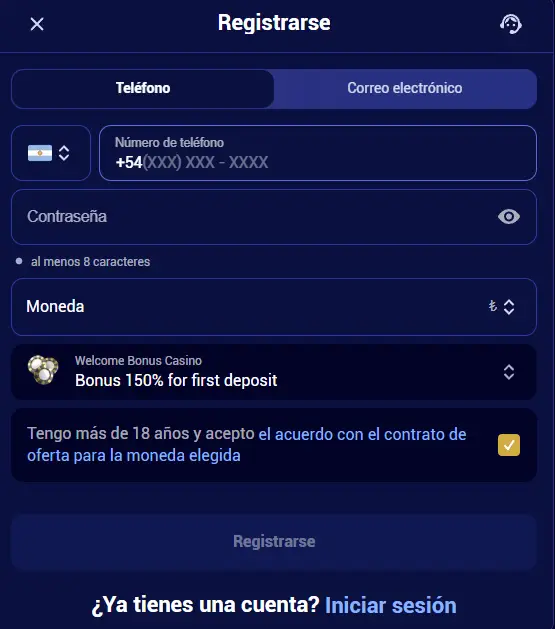 Registrar una nueva cuenta en Spinay Casino